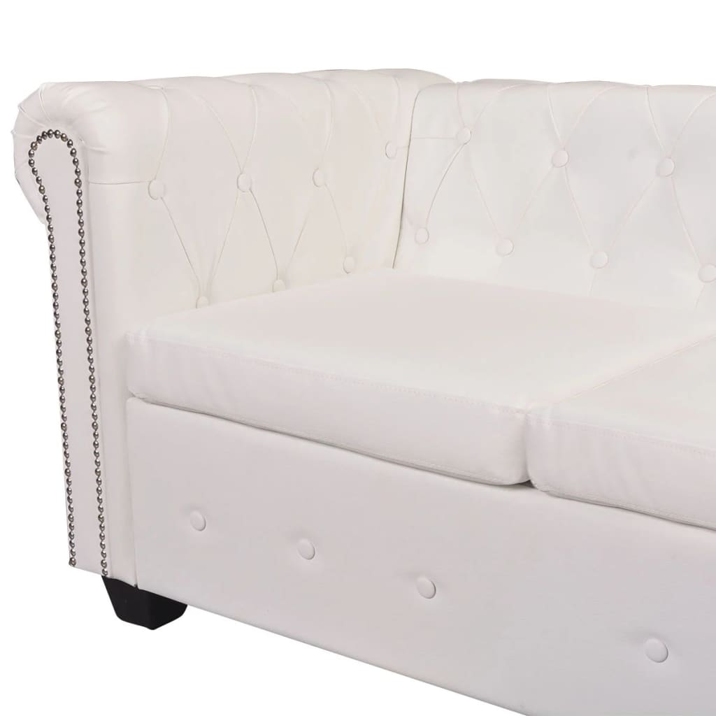 Sofá Chesterfield - De Canto com 5 Lugares - Cor Branco - Couro Artificial - 205x205x73 cm - Design Vintage