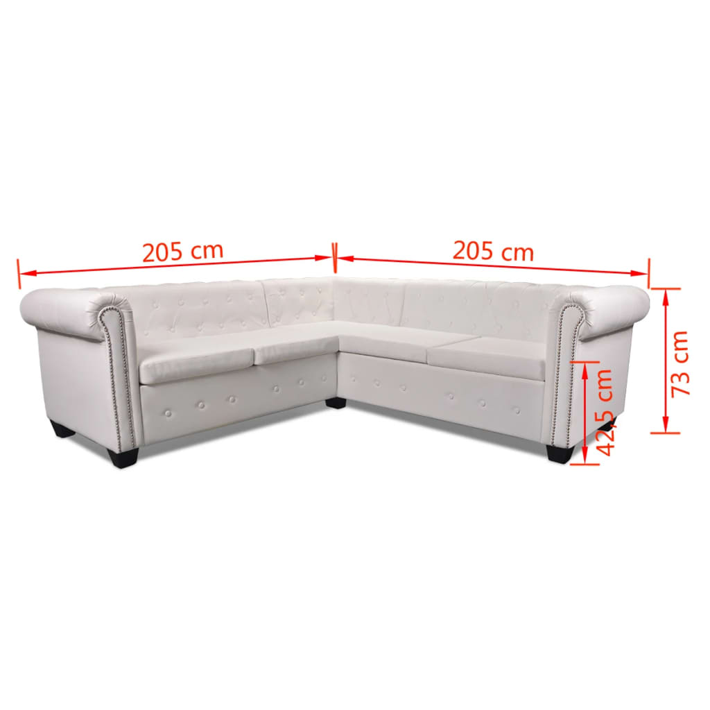 Sofá Chesterfield - De Canto com 5 Lugares - Cor Branco - Couro Artificial - 205x205x73 cm - Design Vintage