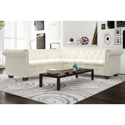 Sofá Chesterfield - De Canto com 5 Lugares - Cor Branco - Couro Artificial - 205x205x73 cm - Design Vintage