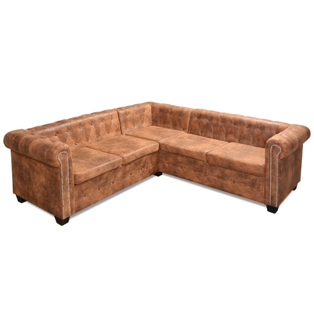 Sofá Chesterfield - De Canto com 5 Lugares - Cor Castanho - Couro Artificial - 205x205x73 cm - Design Vintage