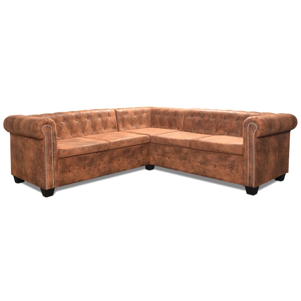 Sofá Chesterfield - De Canto com 5 Lugares - Cor Castanho - Couro Artificial - 205x205x73 cm - Design Vintage