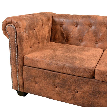 Sofá Chesterfield - De Canto com 5 Lugares - Cor Castanho - Couro Artificial - 205x205x73 cm - Design Vintage