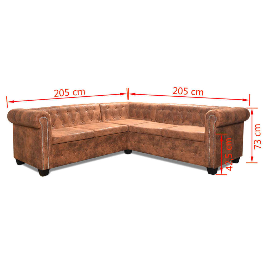 Sofá Chesterfield - De Canto com 5 Lugares - Cor Castanho - Couro Artificial - 205x205x73 cm - Design Vintage