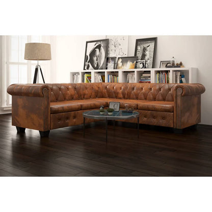 Sofá Chesterfield - De Canto com 5 Lugares - Cor Castanho - Couro Artificial - 205x205x73 cm - Design Vintage