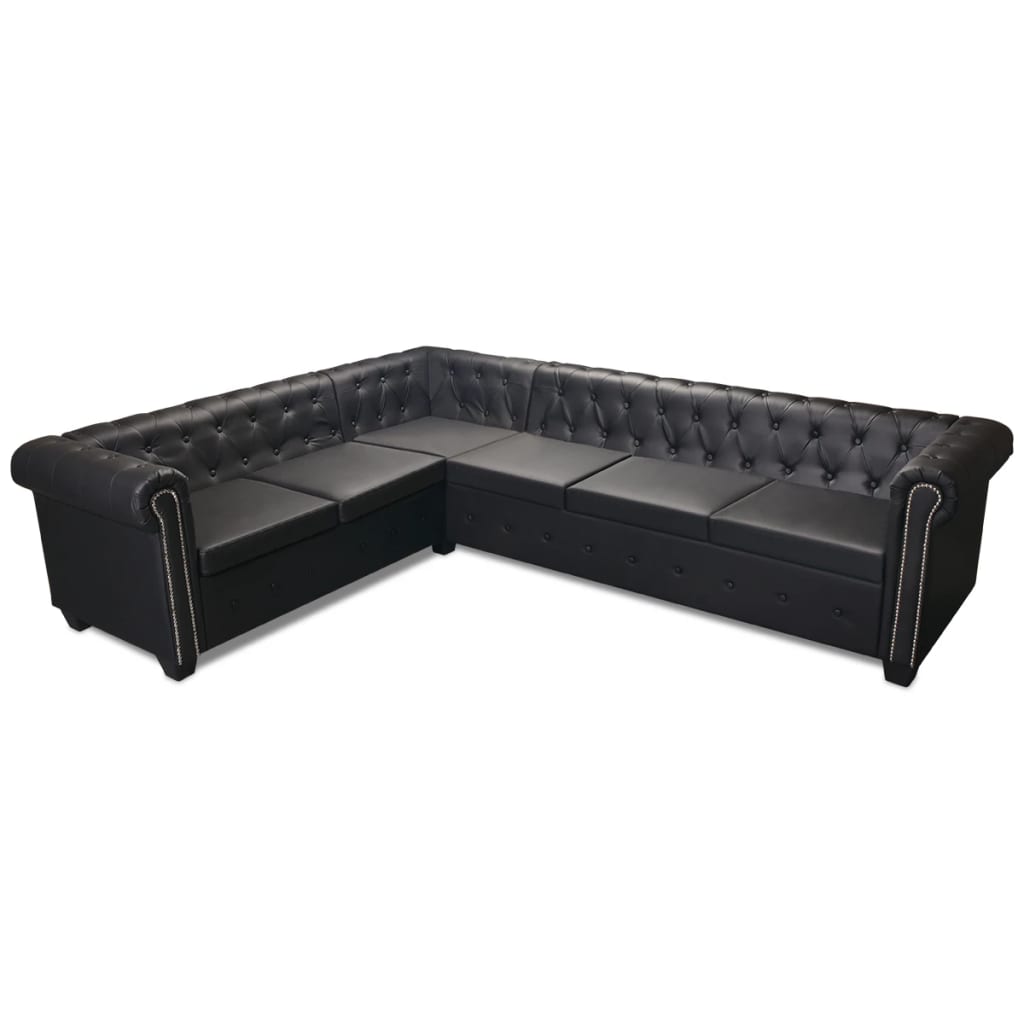 Sofá Chesterfield - De Canto com 6 Lugares - Cor Preto - Couro Artificial - 260x205x73 cm - Design Vintage