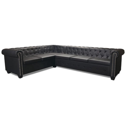 Sofá Chesterfield - De Canto com 6 Lugares - Cor Preto - Couro Artificial - 260x205x73 cm - Design Vintage