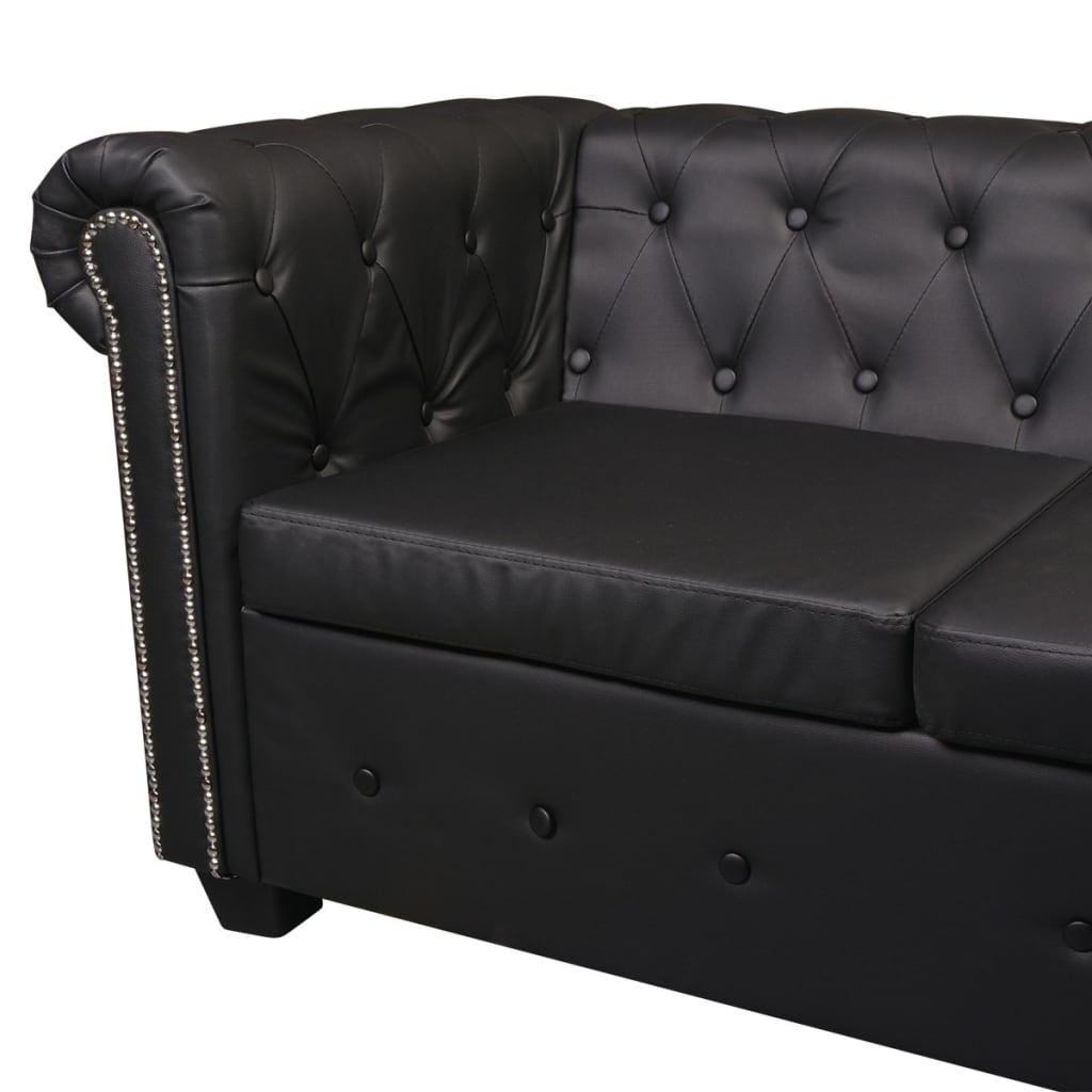 Sofá Chesterfield - De Canto com 6 Lugares - Cor Preto - Couro Artificial - 260x205x73 cm - Design Vintage