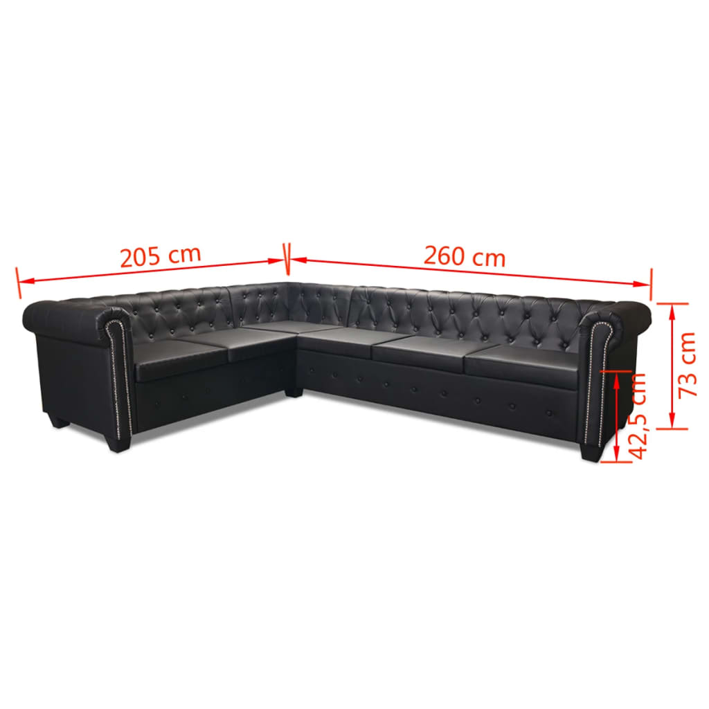 Sofá Chesterfield - De Canto com 6 Lugares - Cor Preto - Couro Artificial - 260x205x73 cm - Design Vintage