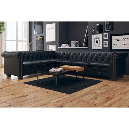 Sofá Chesterfield - De Canto com 6 Lugares - Cor Preto - Couro Artificial - 260x205x73 cm - Design Vintage