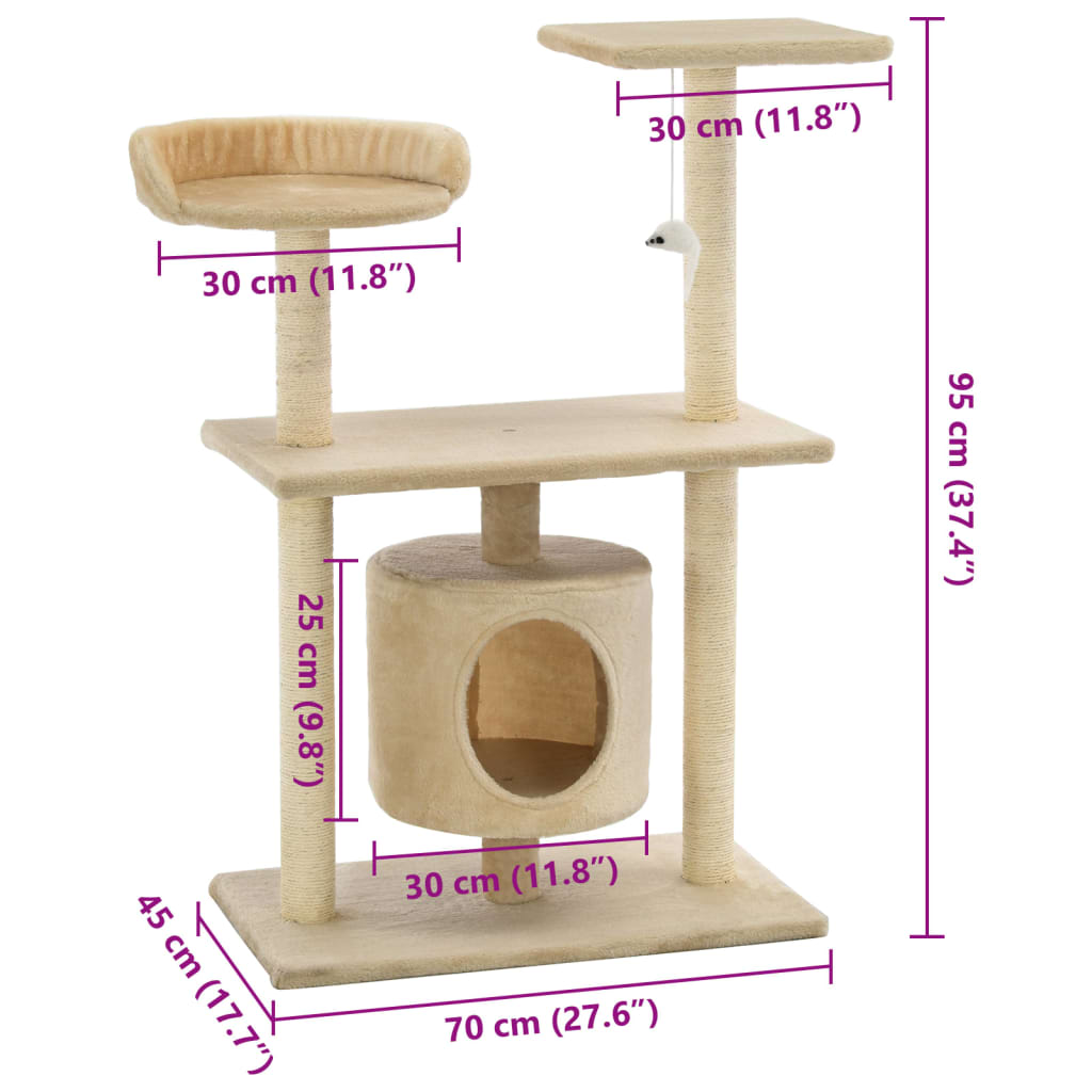 Árvore para gatos c/ postes arranhadores sisal 95 cm bege