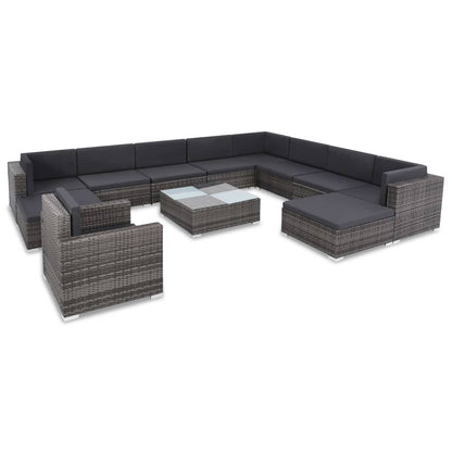 12 pcs conjunto lounge de jardim c/ almofadões vime PE cinzento