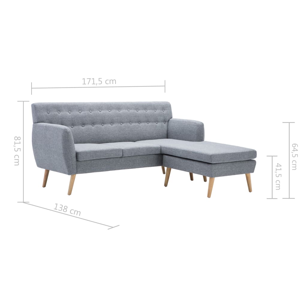 Sofá Amanda Chaise Longue - De 3 Lugares - Cor Cinzento Claro - 171,5x138x81,5 cm - Estrutura em MDF com Estofamento em Tecido, enchimento em Espuma e Pés em Madeira de Seringueira - Design Vintage