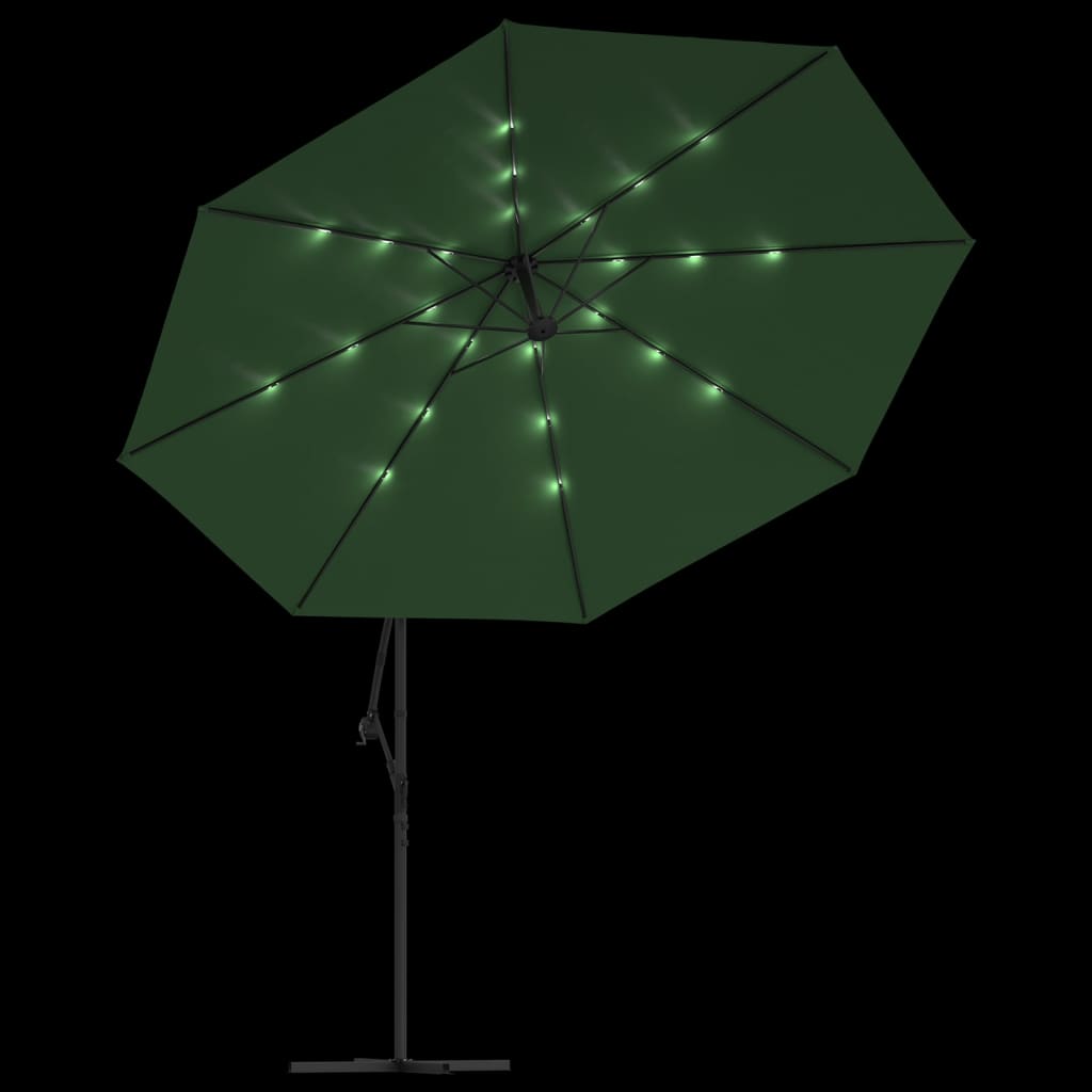 Guarda-sol cantilever c/ luzes LED + poste metal 350 cm verde