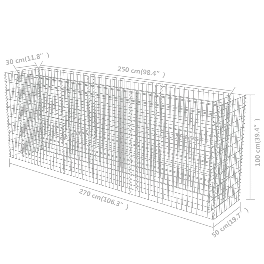 Canteiro elevado/cesto gabião 270x50x100 cm aço galvanizado