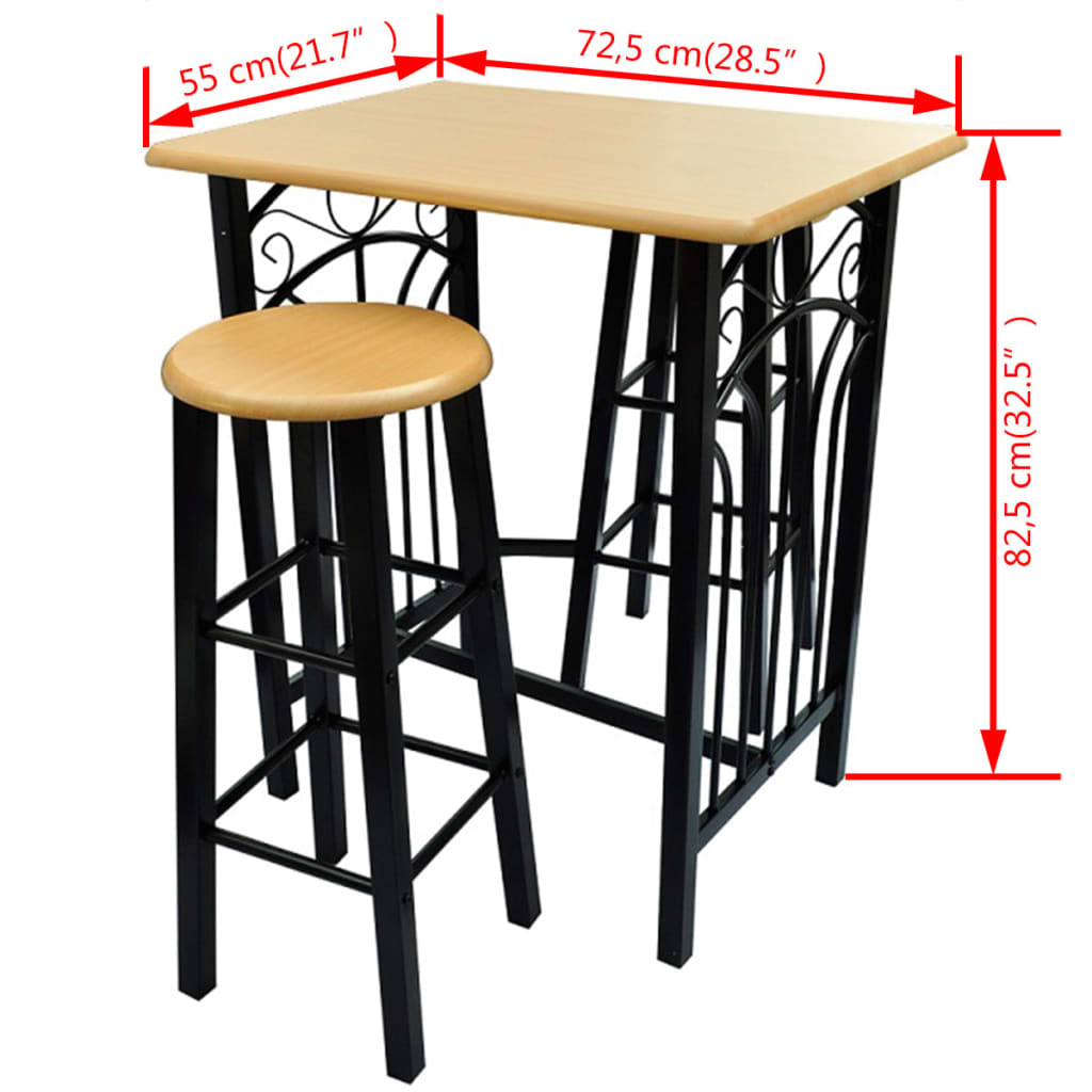 Conjunto mesa e bancos de bar 3 pcs madeira e aço