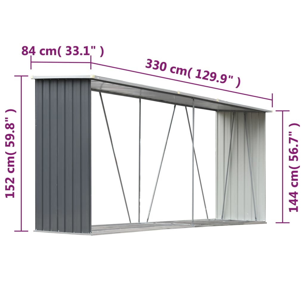 Abrigo jardim p/ arrumação de troncos aço 330x84x152cm cinzento