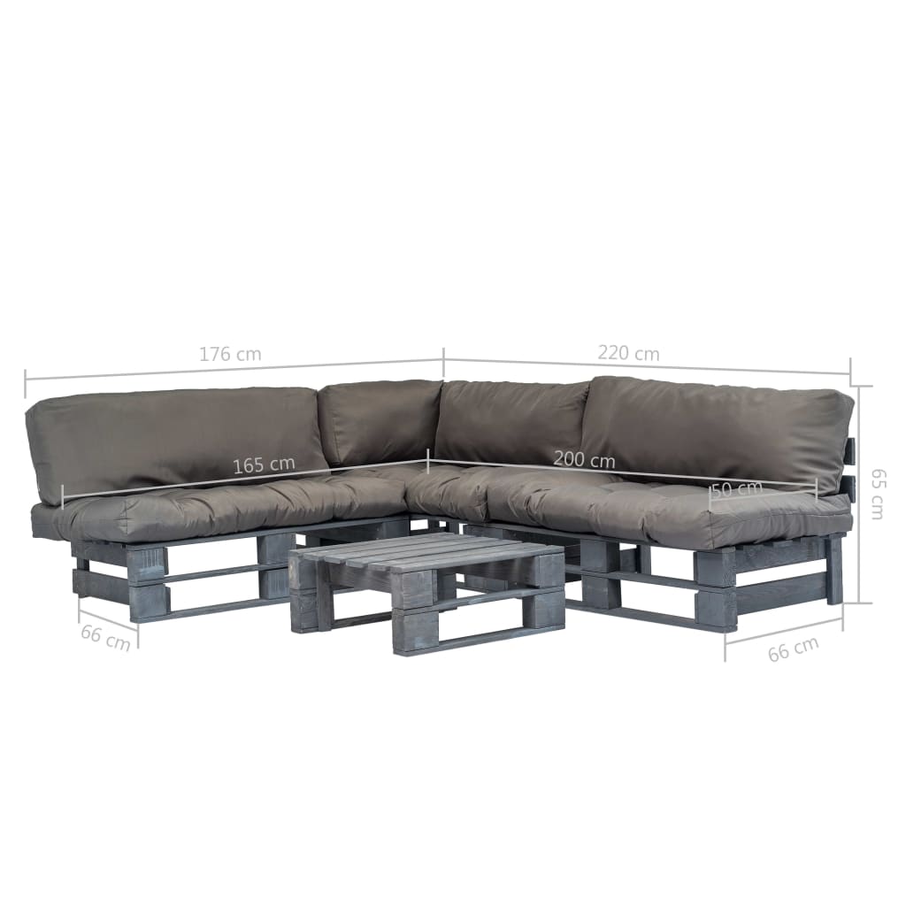 Conj. lounge de paletes 4 pcs com almofadões cinzentos madeira