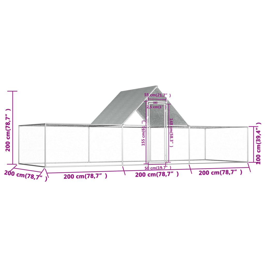 Galinheiro 6x2x2 m aço galvanizado