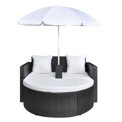 Sofá Lamel Lounge de Jardim em Vime com Guarda Sol - Preto e Branco