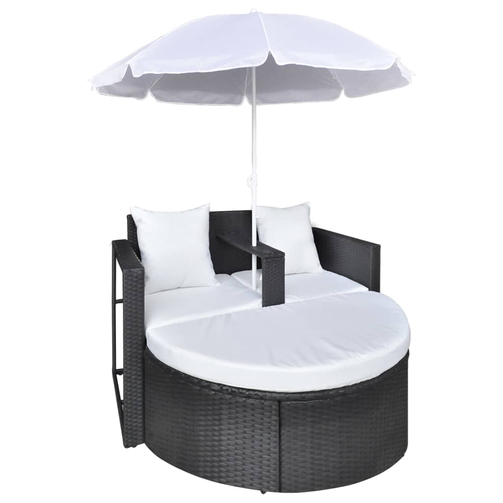 Sofá Lamel Lounge de Jardim em Vime com Guarda Sol - Preto e Branco