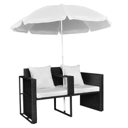 Sofá Lamel Lounge de Jardim em Vime com Guarda Sol - Preto e Branco