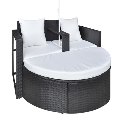 Sofá Lamel Lounge de Jardim em Vime com Guarda Sol - Preto e Branco