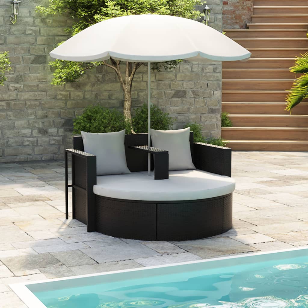 Sofá Lamel Lounge de Jardim em Vime com Guarda Sol - Preto e Branco