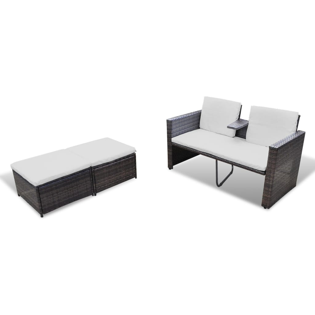 4 pcs conjunto lounge jardim c/ almofadões vime PE castanho