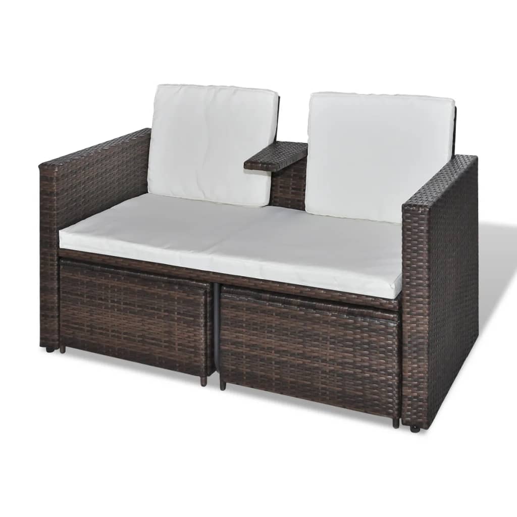 4 pcs conjunto lounge jardim c/ almofadões vime PE castanho