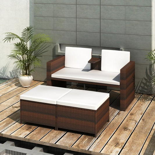 4 pcs conjunto lounge jardim c/ almofadões vime PE castanho