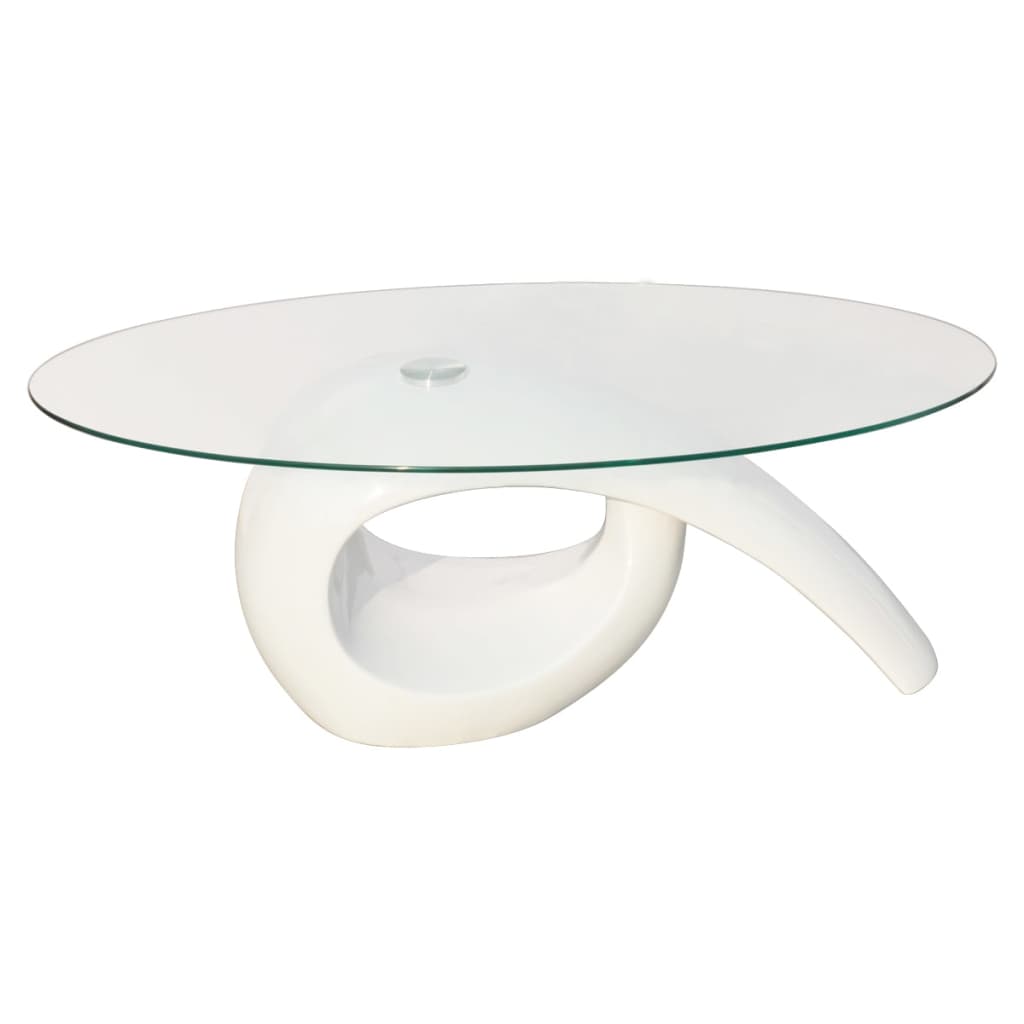 Mesa de centro com tampo oval de vidro, branco brilhante