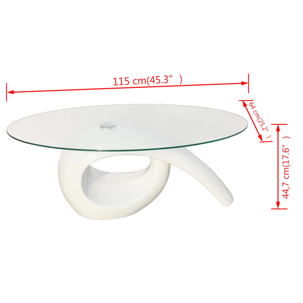 Mesa de centro com tampo oval de vidro, branco brilhante