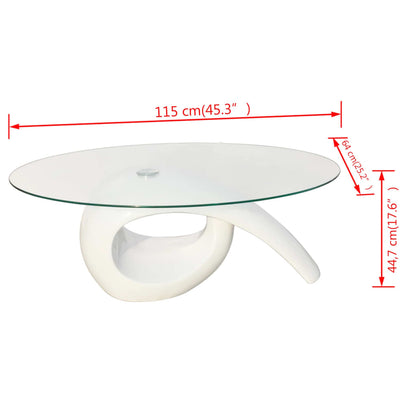 Mesa de centro com tampo oval de vidro, branco brilhante