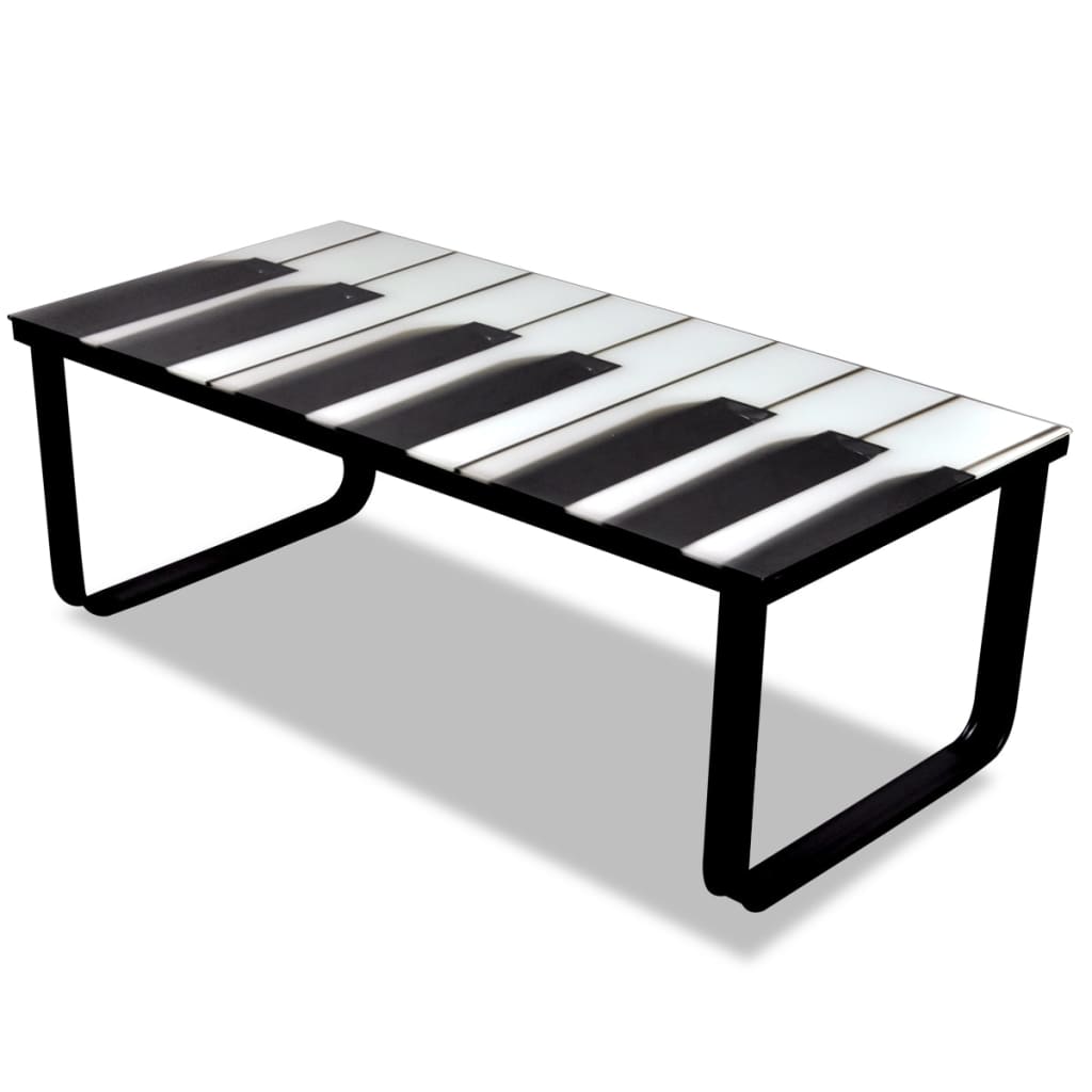 Mesa de centro, tampo de vidro com impressão de piano