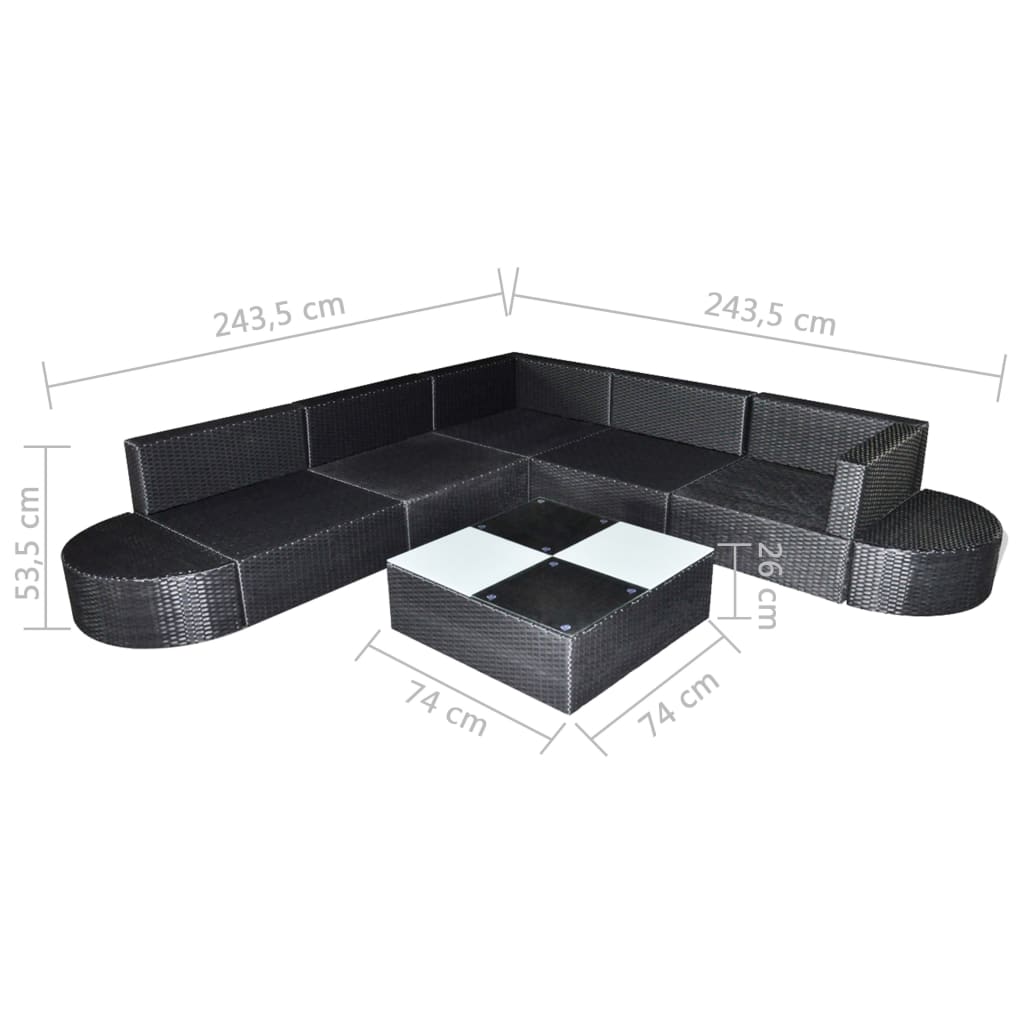 8 pcs conjunto lounge de jardim c/ almofadões vime PE preto