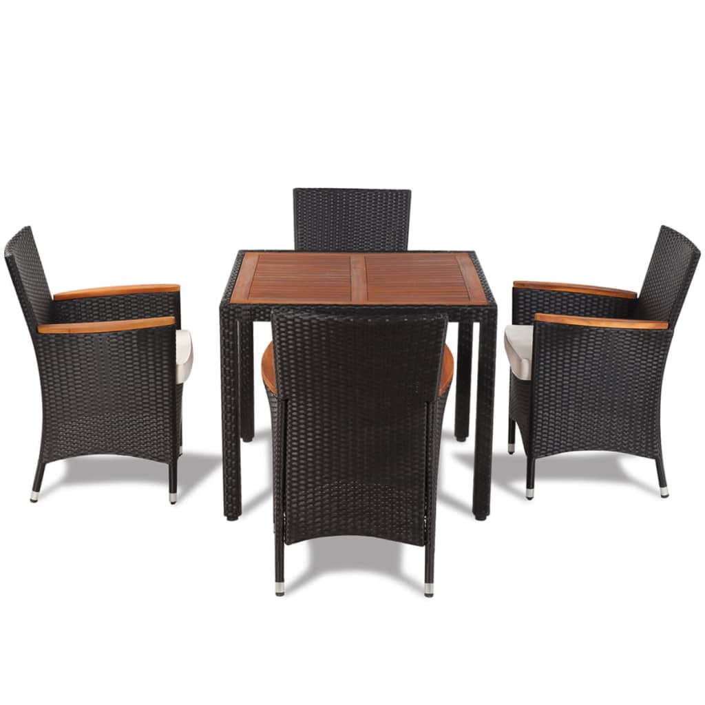 5 pcs conjunto jantar exterior com almofadões vime PE preto