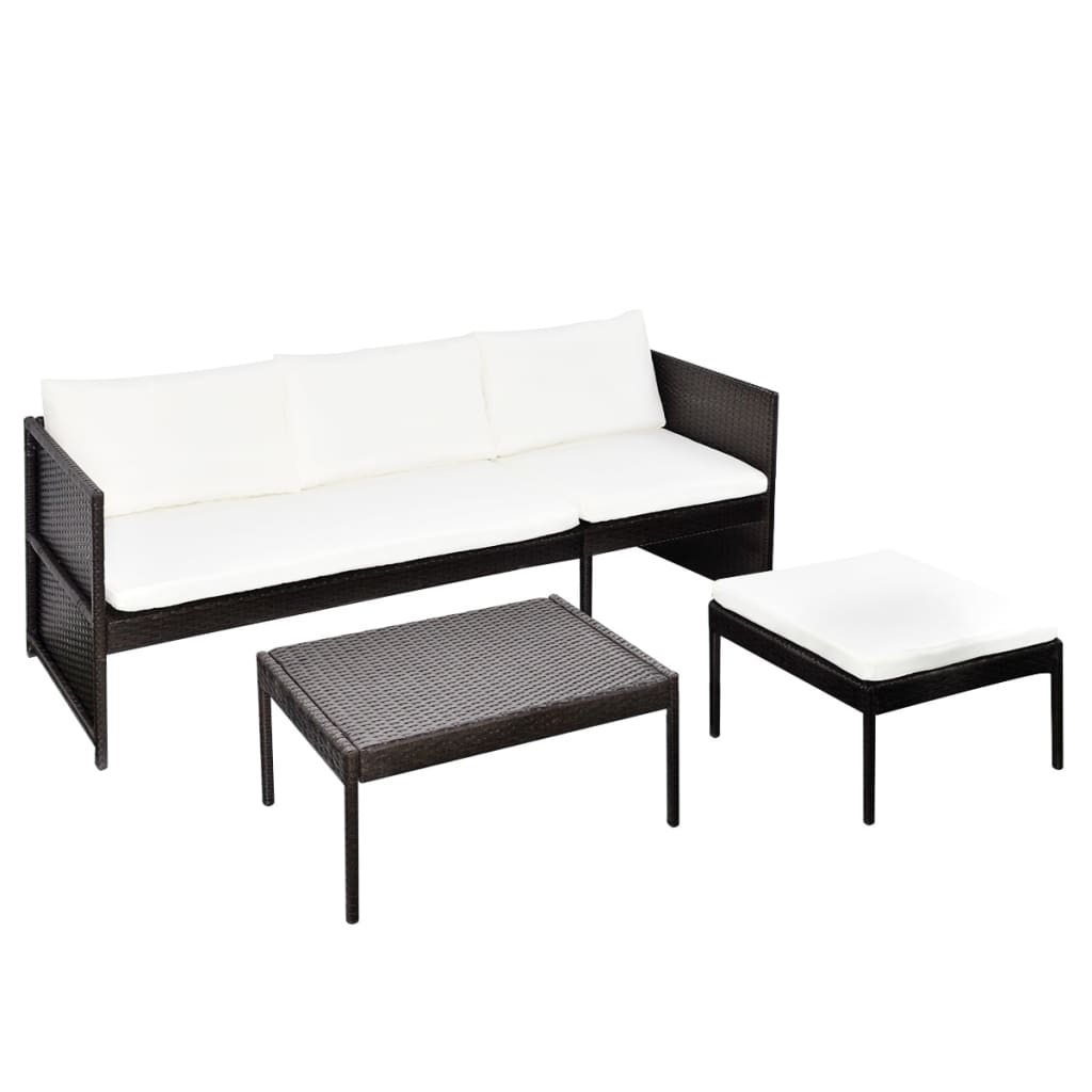 Conjunto Lounge para Jardim - Cor Castanho - Com Almofadões em Branco Nata - 3 Peças - Em Vime PE e Estrutura Robusta em Aço Revestido a Pó