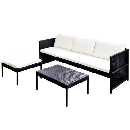 Conjunto Lounge para Jardim - Cor Preto - Com Almofadões em Branco Nata - 3 Peças - Em Vime PE e Estrutura Robusta em Aço Revestido a Pó