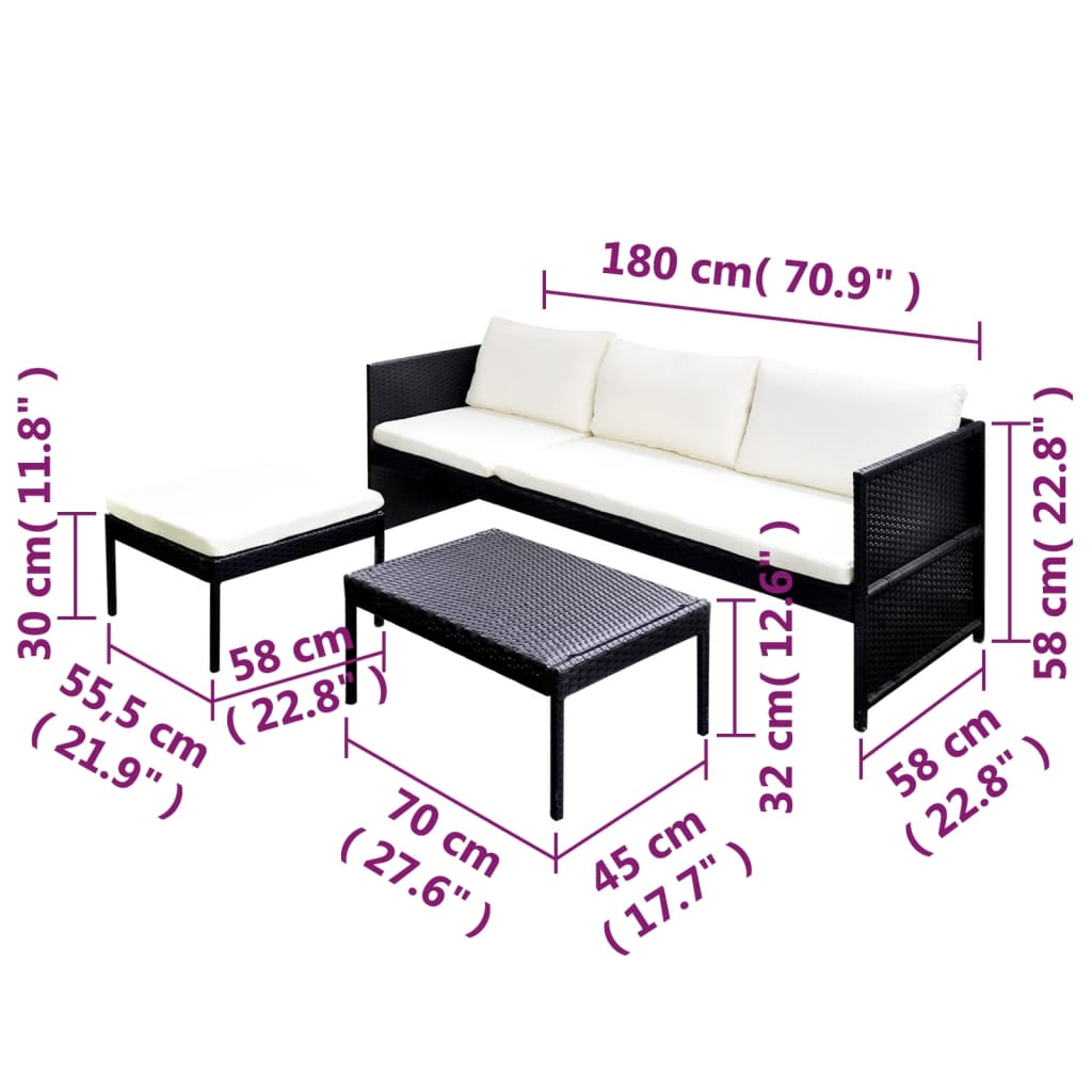 Conjunto Lounge para Jardim - Cor Preto - Com Almofadões em Branco Nata - 3 Peças - Em Vime PE e Estrutura Robusta em Aço Revestido a Pó