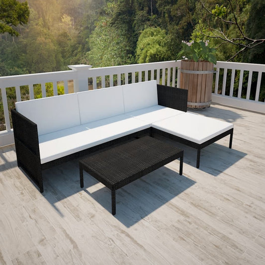 Conjunto Lounge para Jardim - Cor Preto - Com Almofadões em Branco Nata - 3 Peças - Em Vime PE e Estrutura Robusta em Aço Revestido a Pó