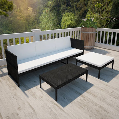 3 pcs conjunto lounge de jardim c/ almofadões vime PE preto