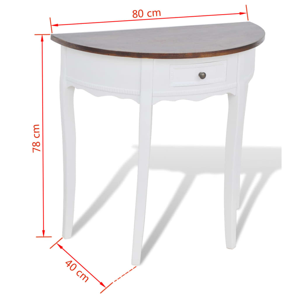 Mesa consola meia-lua com gaveta e tampo castanho