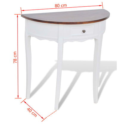 Mesa consola meia-lua com gaveta e tampo castanho