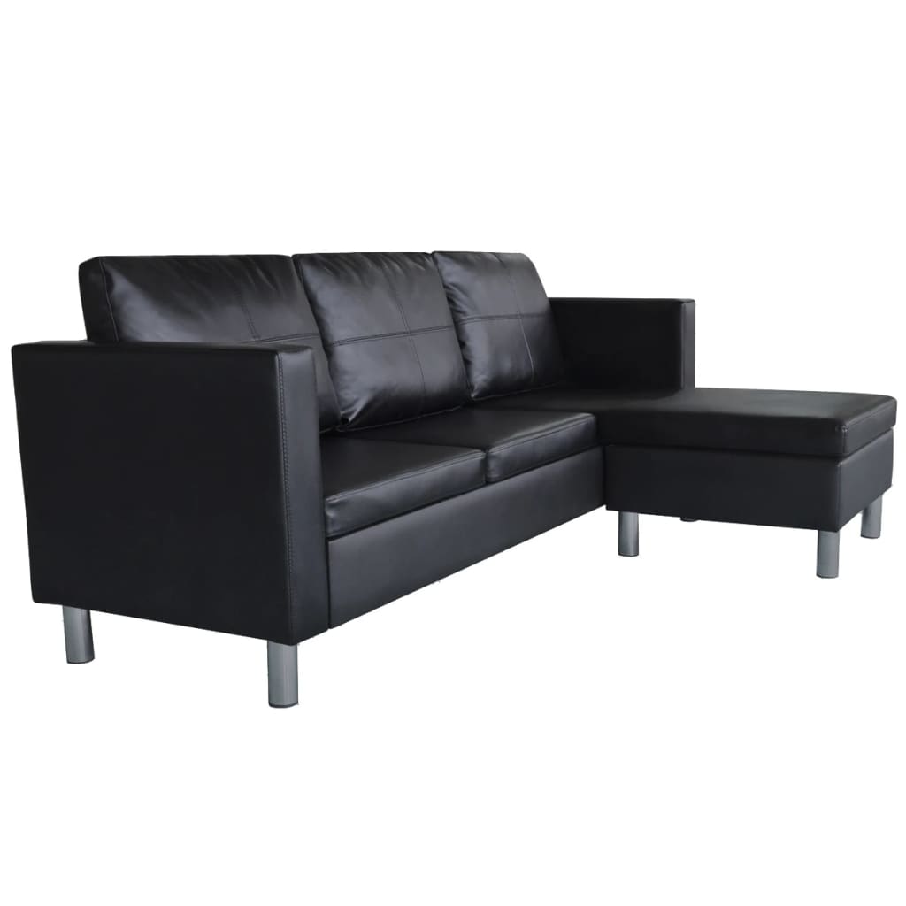 Sofá Paolo Chaise Longue -De 3 Lugares - Cor Preto - 188x122x77 cm - Em Couro Artificial,  Assentos Largos, Almofadões Densamente Acolchoados e Pés de Ferro Cromado - Design Vintage