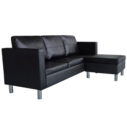 Sofá Paolo Chaise Longue -De 3 Lugares - Cor Preto - 188x122x77 cm - Em Couro Artificial,  Assentos Largos, Almofadões Densamente Acolchoados e Pés de Ferro Cromado - Design Vintage