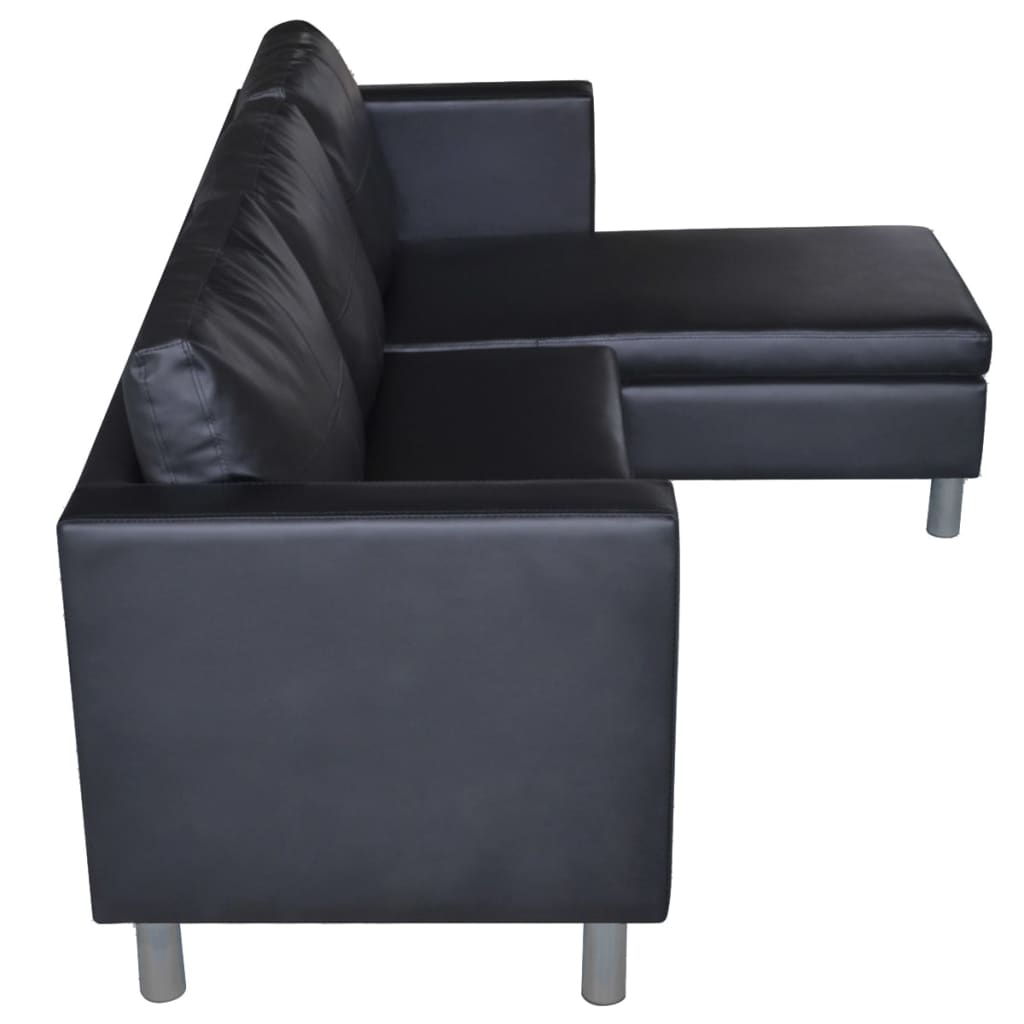 Sofá Paolo Chaise Longue -De 3 Lugares - Cor Preto - 188x122x77 cm - Em Couro Artificial,  Assentos Largos, Almofadões Densamente Acolchoados e Pés de Ferro Cromado - Design Vintage