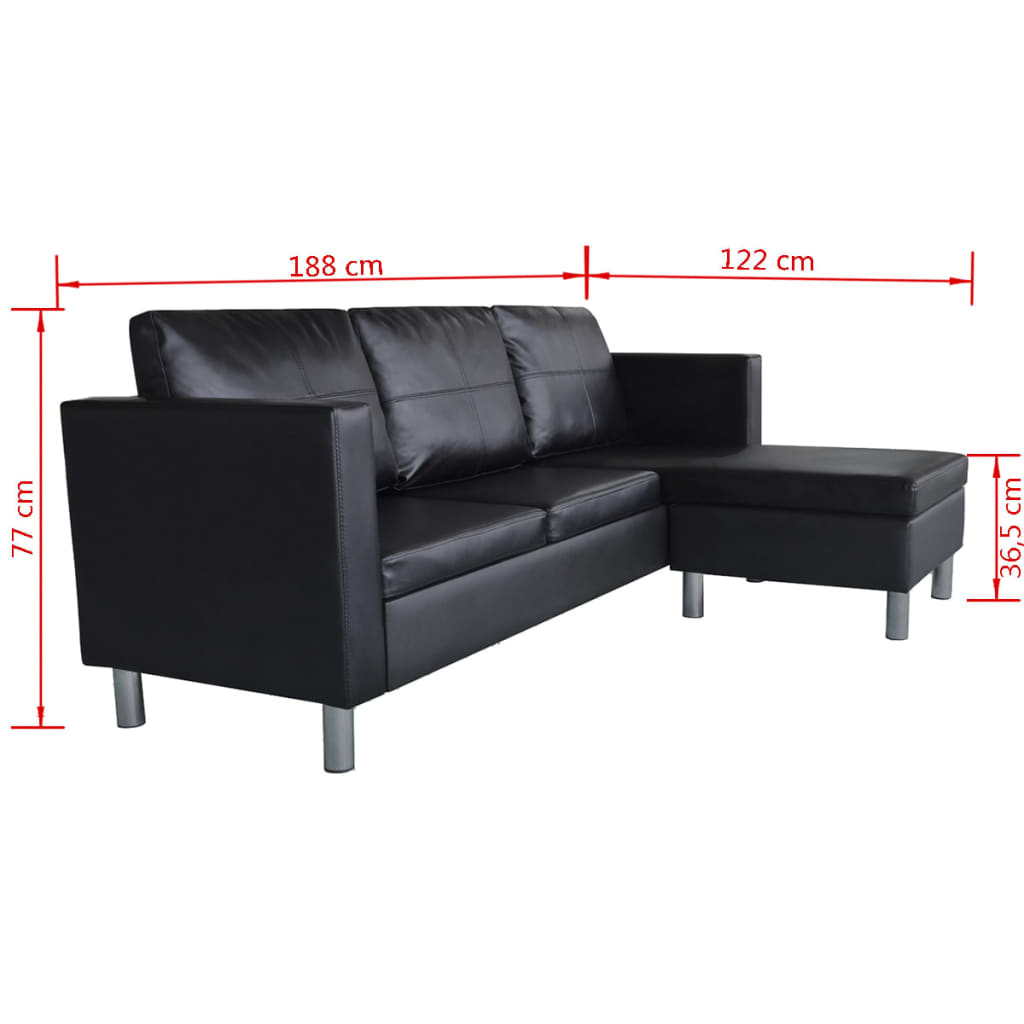 Sofá Paolo Chaise Longue -De 3 Lugares - Cor Preto - 188x122x77 cm - Em Couro Artificial,  Assentos Largos, Almofadões Densamente Acolchoados e Pés de Ferro Cromado - Design Vintage