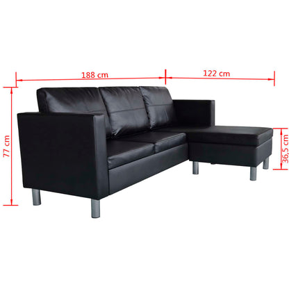 Sofá Paolo Chaise Longue -De 3 Lugares - Cor Preto - 188x122x77 cm - Em Couro Artificial,  Assentos Largos, Almofadões Densamente Acolchoados e Pés de Ferro Cromado - Design Vintage