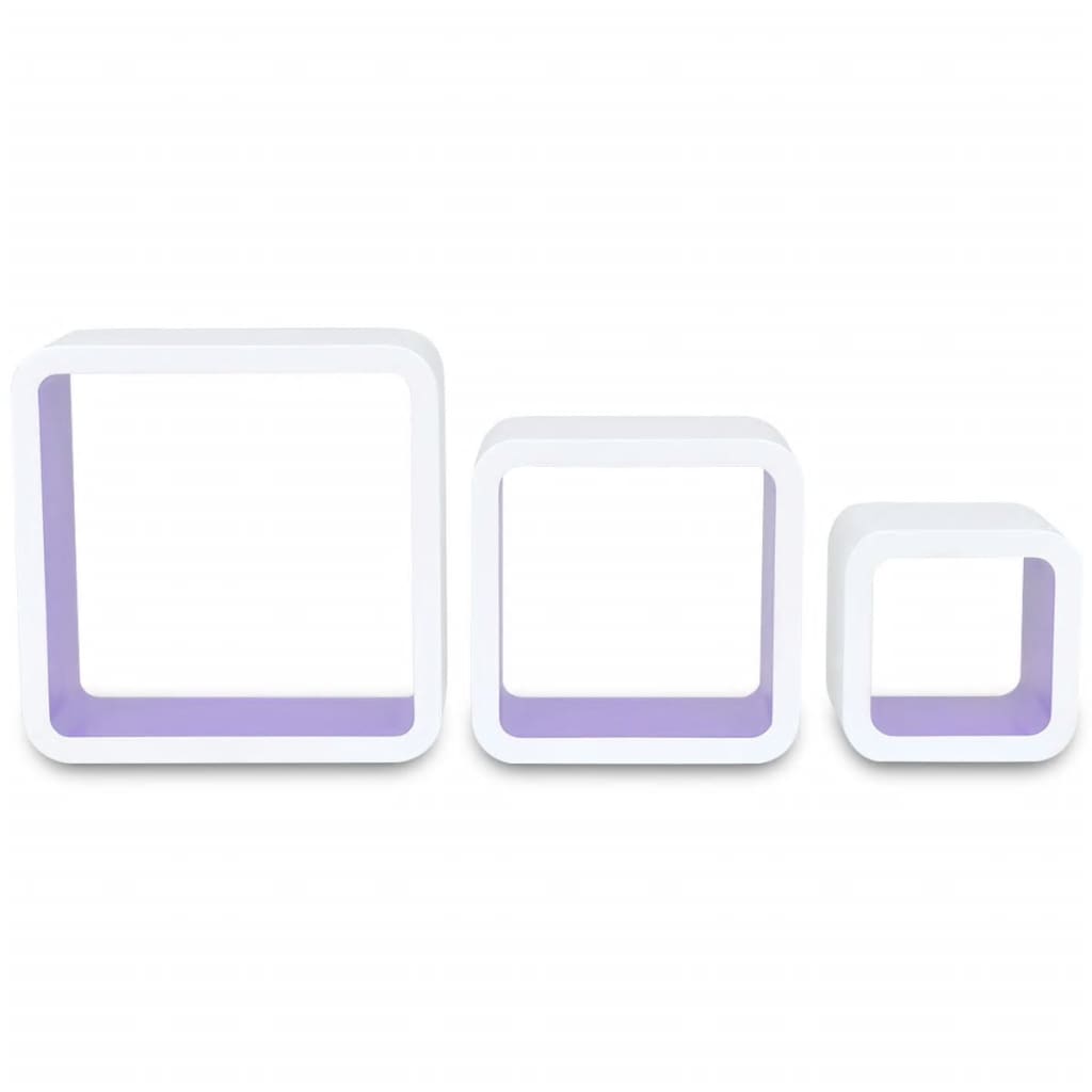 Conjunto de 3 prateleiras de parede, cubos, MDF, branco-roxo