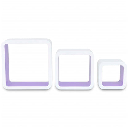 Conjunto de 3 prateleiras de parede, cubos, MDF, branco-roxo